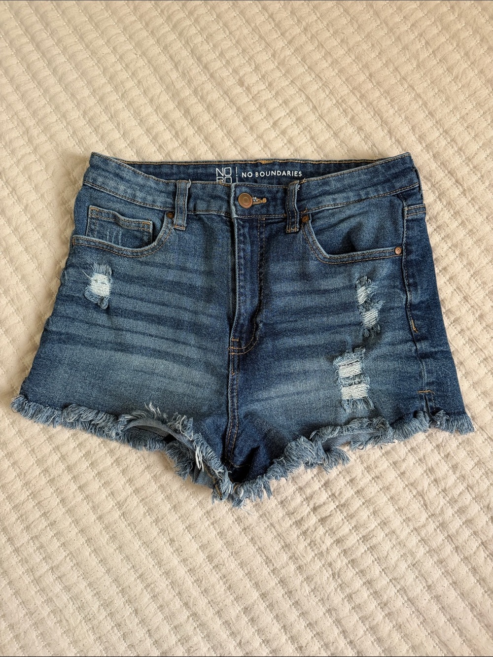 No Boundaries Dark Blue Distressed Frayed Hem Denim Shorts